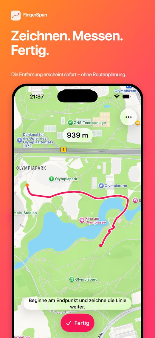 FingerSpan-Bildschirm mit einer Live-Distanzanzeige von 688 yd während eine Strecke durch einen Park gezeichnet wird.