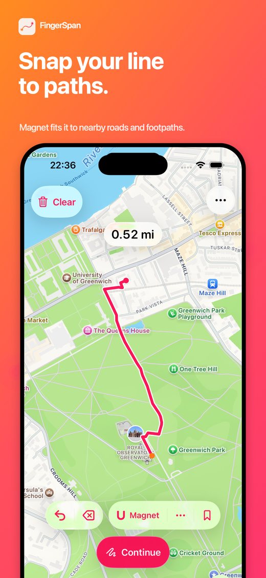 FingerSpan screen with the Magnet tool matching a drawn line to a nearby footpath.