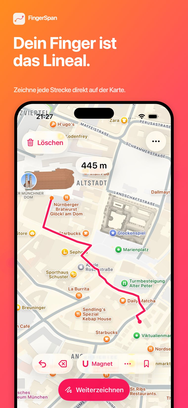 FingerSpan-Bildschirm mit dem Text „Dein Finger ist das Lineal.“ über einer Karte mit einer von Hand gezeichneten pinken Strecke.